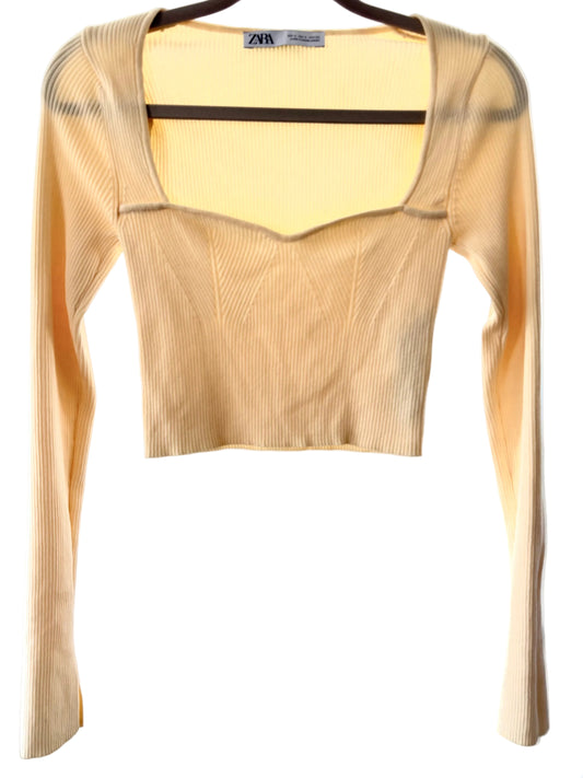 Ljusgul Ribbstickad Crop Topp