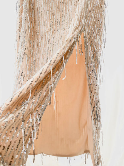 Beige Festkjol med Silverpaljetter och Franskant